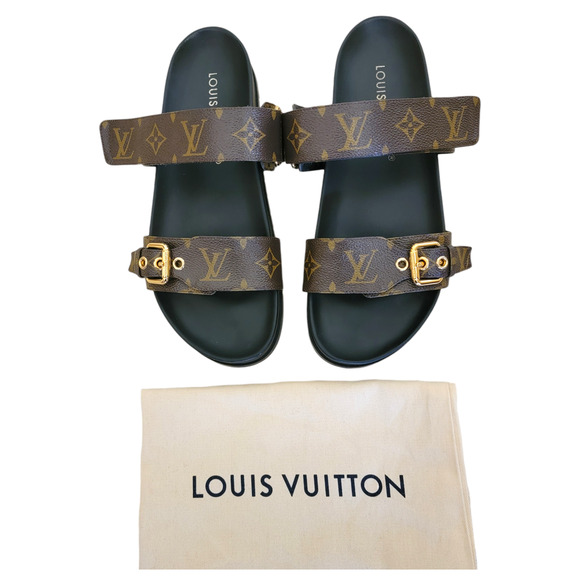 Louis Vuitton Monogram Bom Dia Leather Sandals LV Logo Brown Black Flat 10 40 - Picture 1 of 14